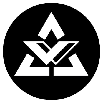 Logo: Biały trójkąt z wpisaną w niego białą literą V. Trójkąt jest na czarnym tle w kółku