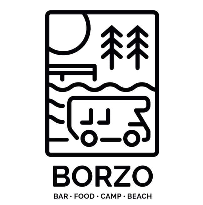 Logo: w czarnej ramce na białym tle znajdują się: zarys dwóch drzew, pod nimi
                    kamper. Pod ramką durzy napis: borzo, a jeszcze pod nim: bar, food, camp, beach