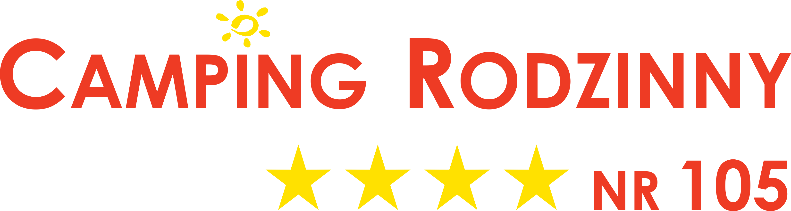 Logo: pomarańczowy napis: w jednej linii:  Camping rodzinny, a w drugiej: 4 żółte gwiazdki nr 105