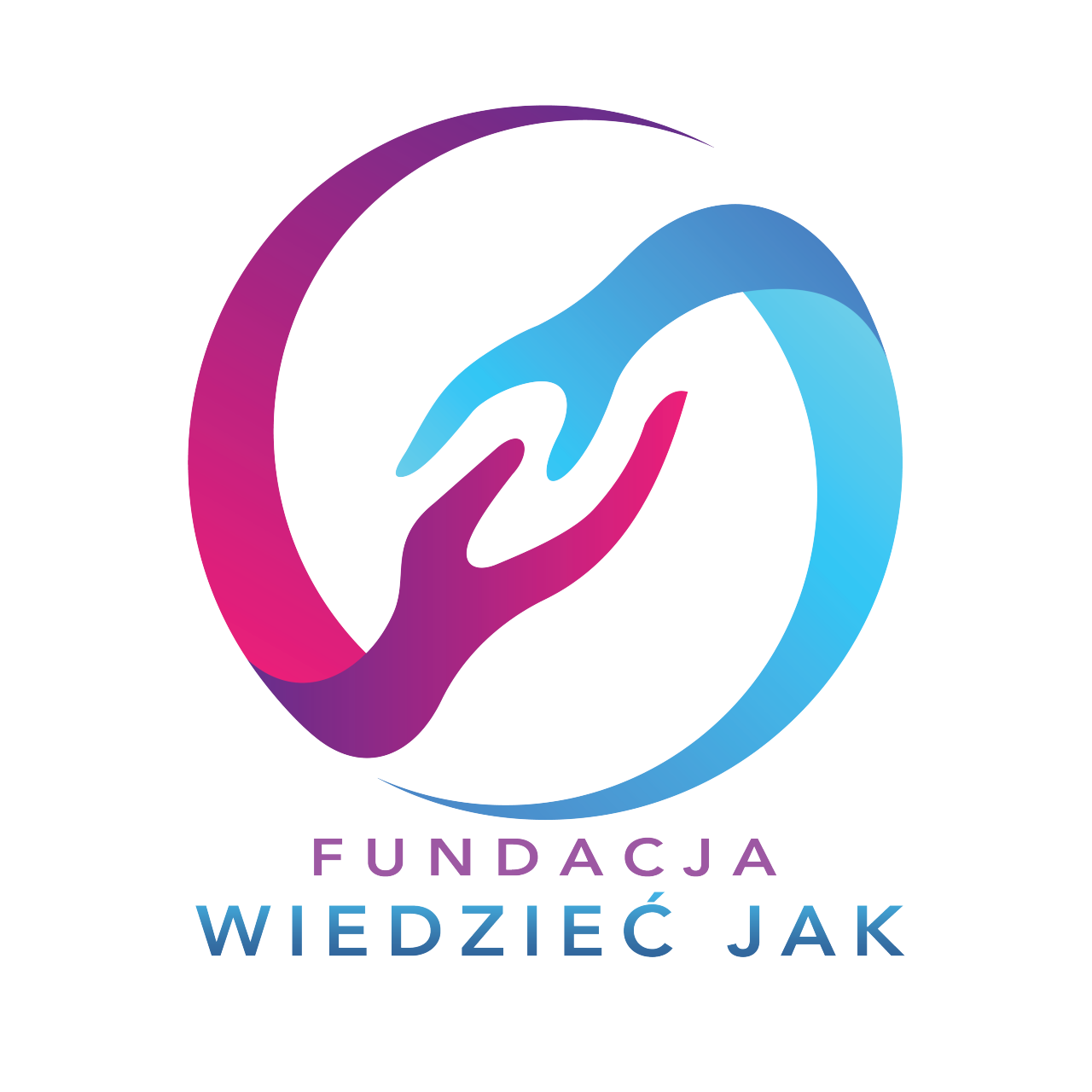 Logo: dwa półokręgi przekształczające się w podające sobie dłonie. Jeden po lewej stronie fioletowy, a drogi po prawej błękitny
