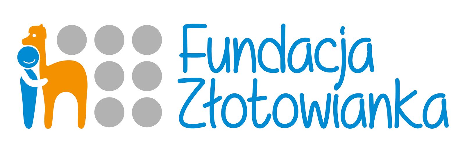Logo: niebieska postać postacią przypominającą konia. Obok nich niebieski napis: fundacja złotowianka