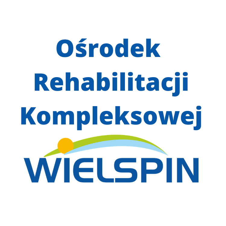 Logo: błękitny napis na białym tle: ośrodek rehabilitacji kompleksowej. Poniżej jest tęcza i wielkimi literami napis: Wielspin
